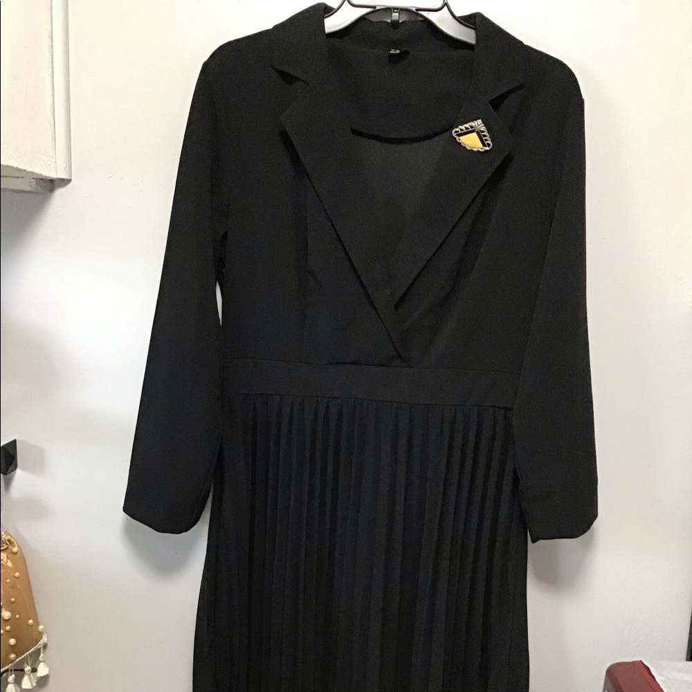 Beautiful black pleated dress… pin not included or the necklace. Size Large